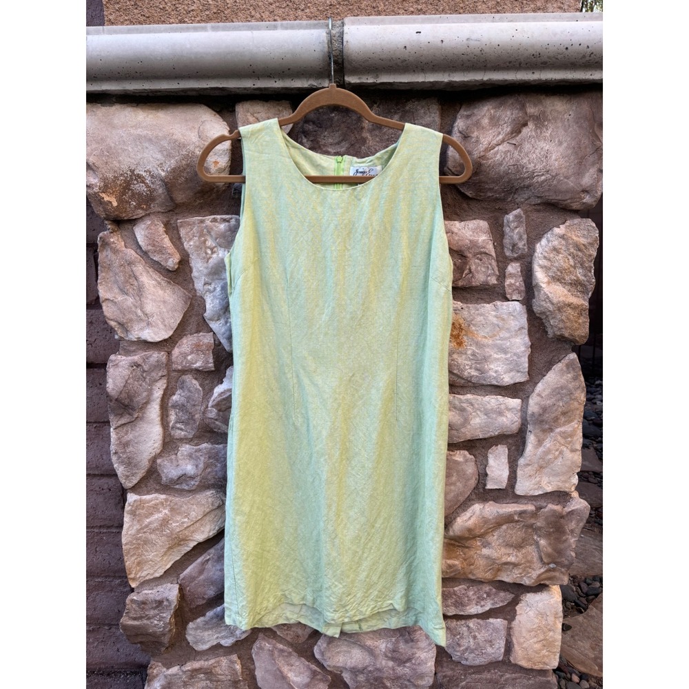 Vintage Jennifer Eden Linen Dress Sleeveless Knee Length Size 12 Lime Green